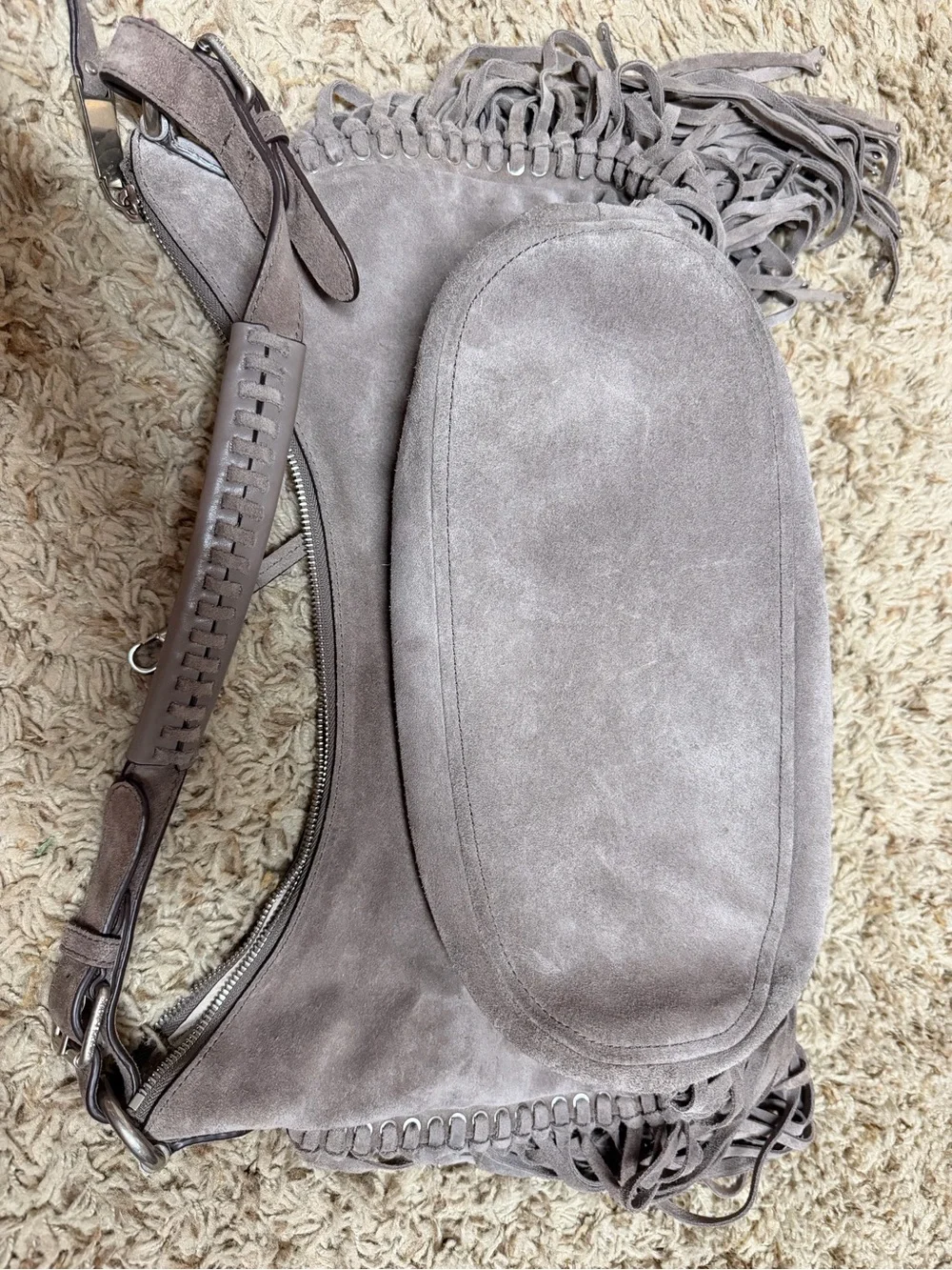 Michael Kors Women's Billy Grey Suede Leather Fringe Shoulder Bag